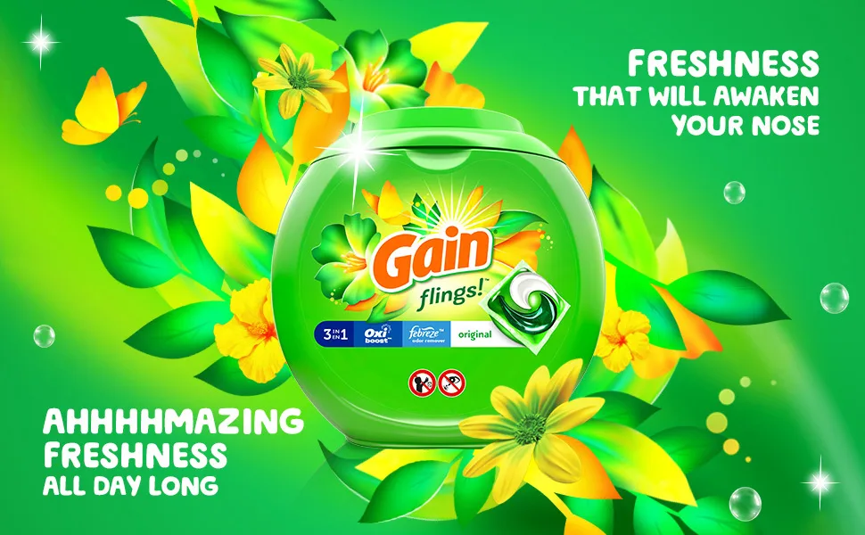 Gain Flings Laundry Detergent Soap Pods, High Efficiency (HE), Original Scent, 81 Count Laundry Detergent Flings, 81 count - Gain flings with a freshness that will awaken your nose. Ahhhmazing freshness all day long.