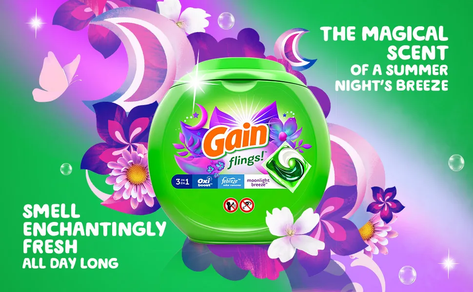 Gain Flings Laundry Detergent Soap Pods, High Efficiency (HE), Moonlight Breeze Scent, 81 Count - Packaging May Vary Laundry Detergent Flings, 81 count - Gain flings with the magical scent of a summer night