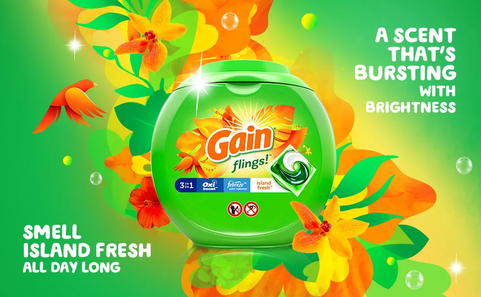 Gain Flings Laundry Detergent Soap Pods plus Aroma Boost, Island Fresh Scent, HE Compatible, 81 Count (Packaging May Vary) Laundry Detergent Flings, 81 count - Gain flings with a scent that