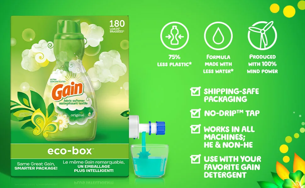 Gain Eco-Box Liquid Fabric Softener, Original Scent, 105 fl oz, 180 Loads, Ultra Concentrated Liquid Softener Ecobox Only - 75% less plastic, formula made with less water, produced with 100% wind power