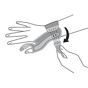 Futuro - 70005121614 FUTURO Deluxe Thumb Stabilizer, Small/Medium Black - hands adjusting stabilizer with strap