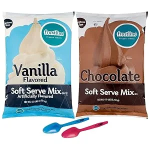 Frostline Lactose Free Soft Serve Mix Variety, Chocolate and Vanilla, 6 lb Bags with By The Cup Mood Spoons - product