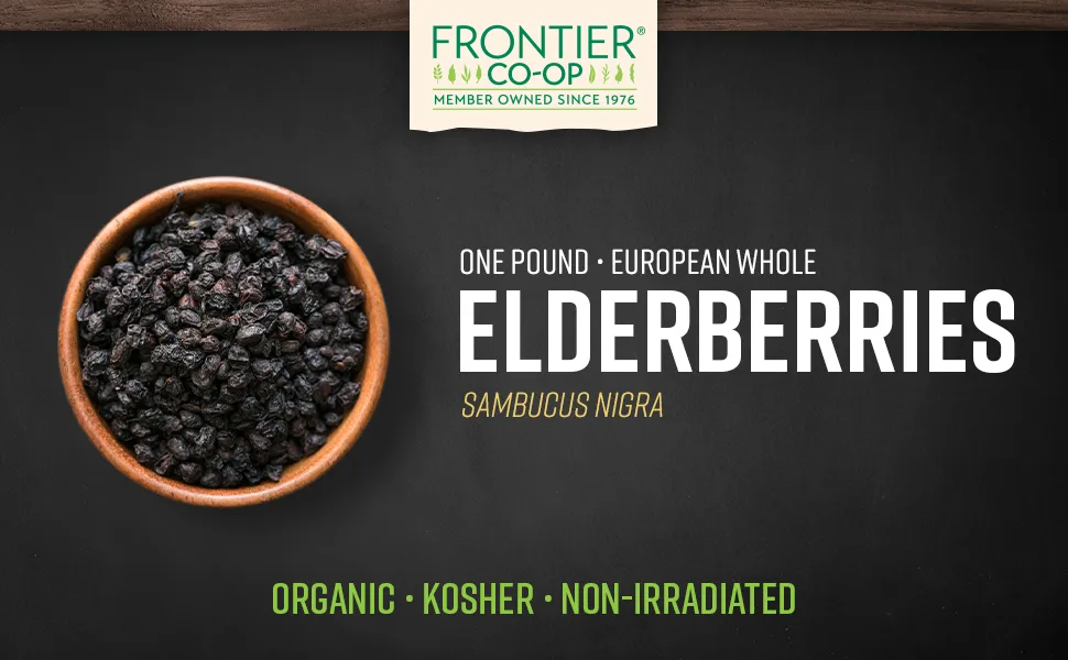 Frontier Co-op Organic Dried Elderberries, European Whole | Kosher & Non-GMO | for Making Tea, Syrup, Gummies | 1 Pound Bulk Bag | Sambucus nigra L - Frontier Elderberries