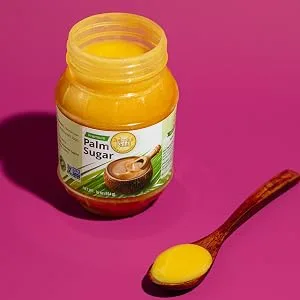 Four Elephants Premium Palm Sugar Non-GMO 16 oz (1) - Palm Sugar, open jar with spoonful