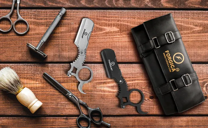 FORGICA-Barber Straight Razor Professional Straight Edge Razor for Men 100 Derby Blades - Single Ring Barber Razor Compatible with Double Edge Blade Beard Shaping tool, Titanium Beard Shaper (Black) - pouch