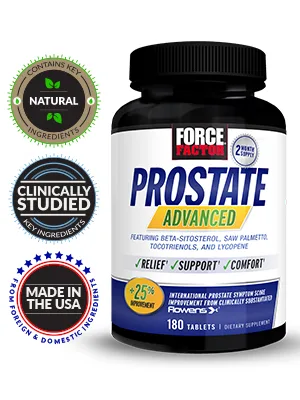 Force Factor Prostate Advanced, Health Supplement for Men for Reducing Nighttime Bathroom Trips, Bladder & Urinary Relief, with Saw Palmetto, Beta-Sitosterol, 180 Tablets (1-Pack) 180 Count (1-Pack) - Force Factor Prostate Advanced bottle and badges