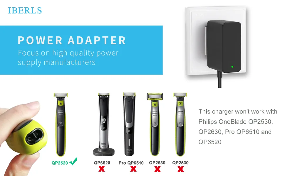 for Philips One Blade Charger, Replace Phillips Norelco Oneblade QP2520 A00390 Power Cord 4.3V Shaver Compatible Cable (5FT, FCC) A00390, QP2520 - IBERLS Power Adapter for Philips One Blade QP2520...