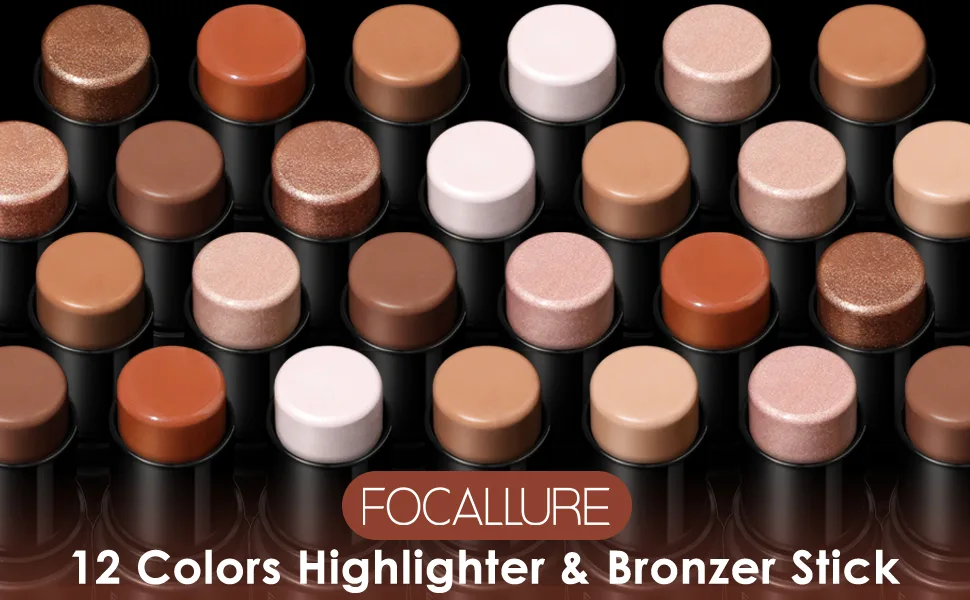 FOCALLURE 2 Pcs Mineral Cream Contour Stick,Moisturize Highlighter and Bronzer Pen,Non Stick Face Brightens & Shades Pencil,Long Lasting & Smooth Gliding Face Illuminator Makeup,Light-medium - focallure 12 colors highlighter &amp;amp; bronzer stick