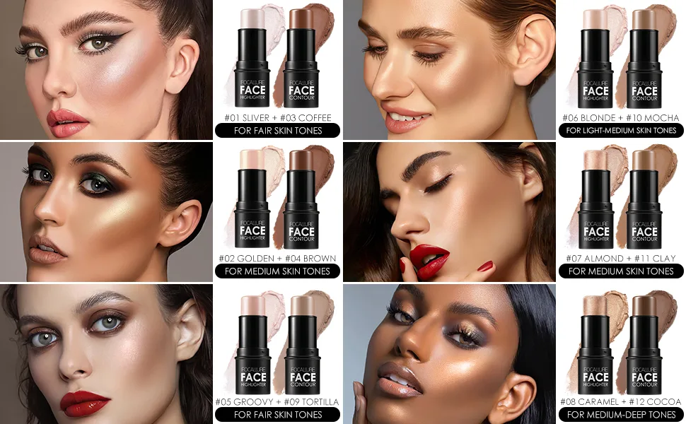 FOCALLURE 2 Pcs Mineral Cream Contour Stick,Moisturize Highlighter and Bronzer Pen,Non Stick Face Brightens & Shades Pencil,Long Lasting & Smooth Gliding Face Illuminator Makeup,Light-medium - product information 21
