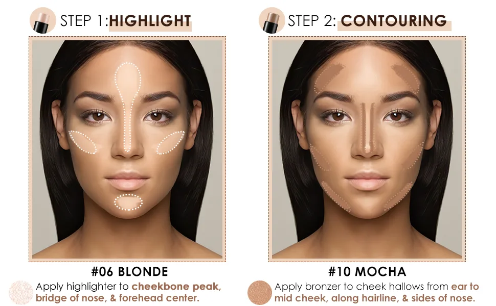 FOCALLURE 2 Pcs Mineral Cream Contour Stick,Moisturize Highlighter and Bronzer Pen,Non Stick Face Brightens & Shades Pencil,Long Lasting & Smooth Gliding Face Illuminator Makeup,Light-medium - long lasting highlghter and bronzer stick