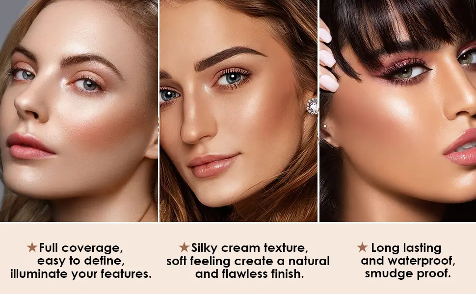 FOCALLURE 2 Pcs Mineral Cream Contour Stick,Moisturize Highlighter and Bronzer Pen,Non Stick Face Brightens & Shades Pencil,Long Lasting & Smooth Gliding Face Illuminator Makeup,Light-medium - silky cream texture of face contour makeup