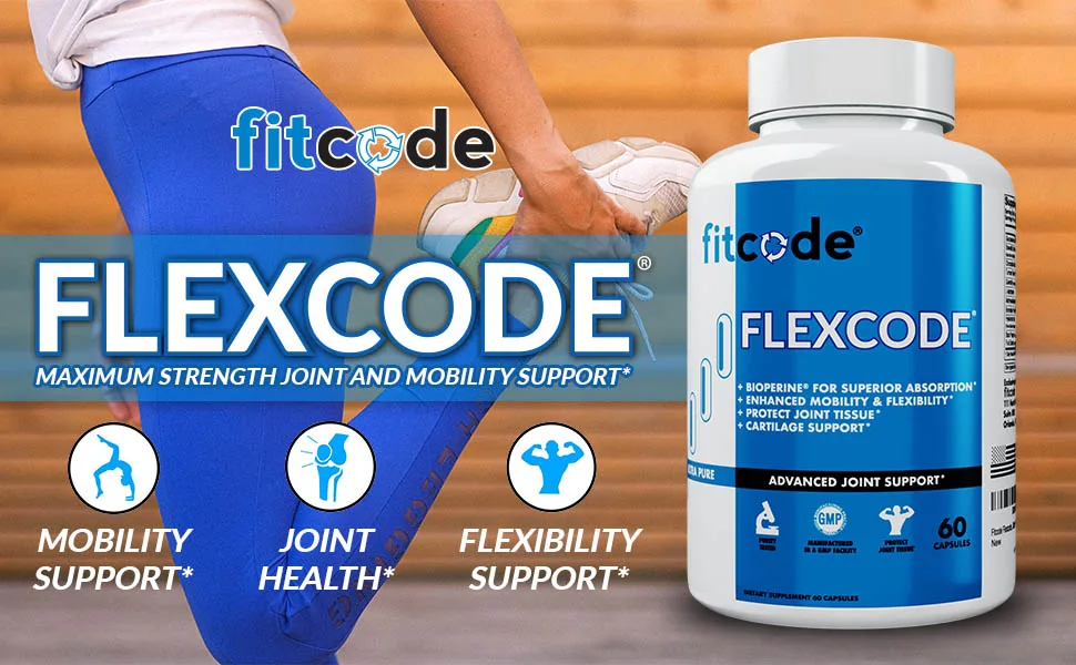 Fitcode Flexcode Ultra Premium Joint Support, Glucosamine, Turmeric, MSM, Chondroitin, Hyaluronic Acid, Gluten-Free, for Men and Women (30 Servings) - flexcode