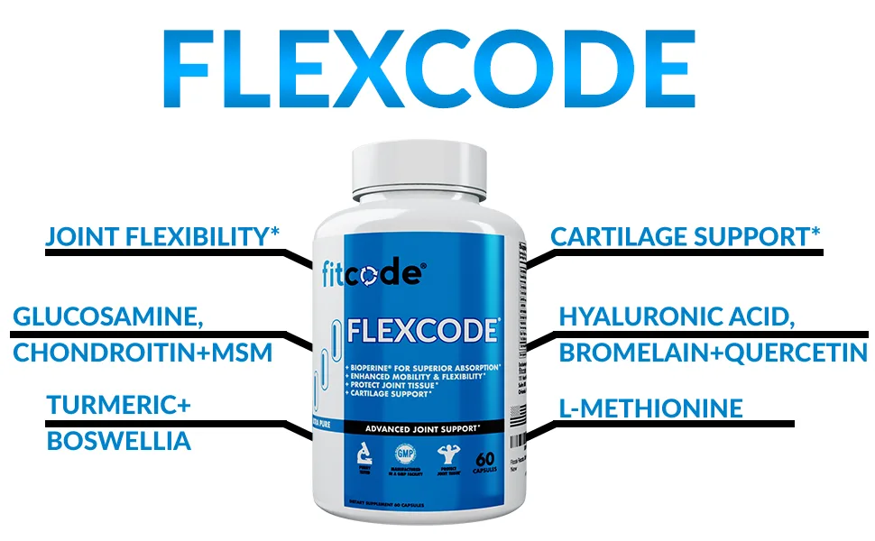 Fitcode Flexcode Ultra Premium Joint Support, Glucosamine, Turmeric, MSM, Chondroitin, Hyaluronic Acid, Gluten-Free, for Men and Women (30 Servings) - flexcode