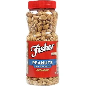 Fisher Snack Honey Roasted Dry Roasted Peanuts, 14 Ounces, Made with Real Honey 14 Ounce Honey Roasted - dry roast, peanuts, nuts, salted, snack, clear, jar, Fisher