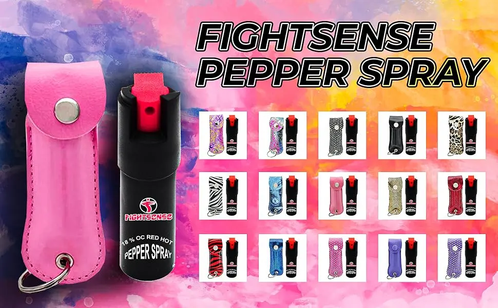 FIGHTSENSE Self Defense Pepper Spray - 1/2 oz Compact Size Maximum Strength Police Grade Formula Best Self Defense Tool for Women W/Leather Pouch Keychain Pink - product information 2
