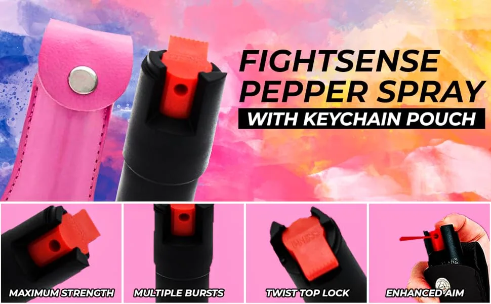 FIGHTSENSE Self Defense Pepper Spray - 1/2 oz Compact Size Maximum Strength Police Grade Formula Best Self Defense Tool for Women W/Leather Pouch Keychain Pink - product information 3
