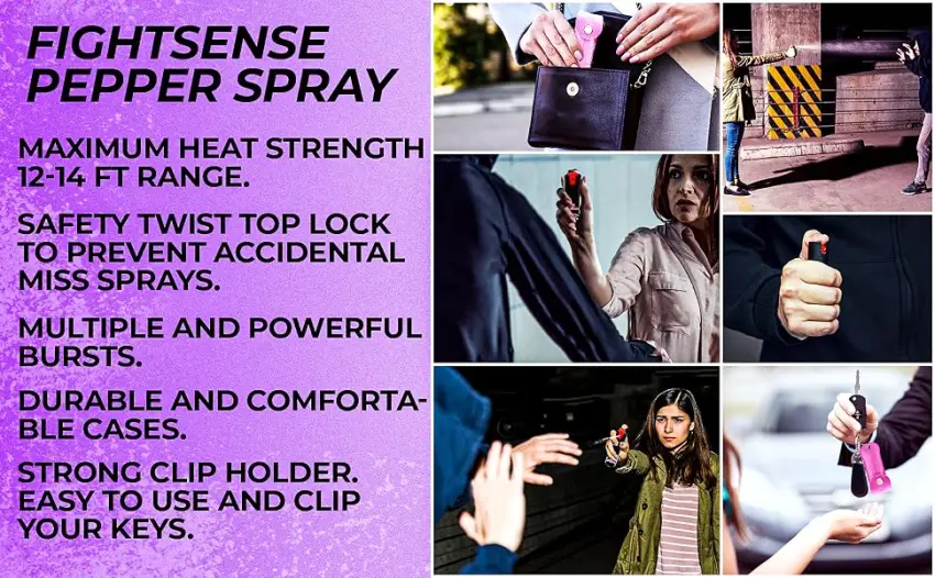 FIGHTSENSE Self Defense Pepper Spray - 1/2 oz Compact Size Maximum Strength Police Grade Formula Best Self Defense Tool for Women W/Leather Pouch Keychain Pink - product information 7
