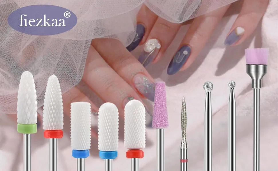 Fiezkaa Nail Drill Bits Set 10Pcs- 3/32 Ceramic Nail Drill Bits for Acrylic Gel Nails Professional Efile Nail Drill Bits Cuticle Remover Diamond Bits for Nails Manicure Pedicure - Nail Drill Bits Set