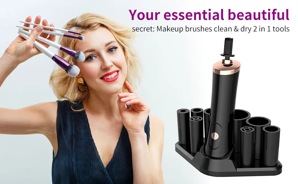 Fesmey Makeup Brush Automatic Cleaner Machine,Super-Fast Electric Brush Cleaner Spinner Dryer with 8 Size Collars,Automatic Brush Cleaner Spinner Makeup Brush Tools (Black) - black makeup brush cleaner dryer