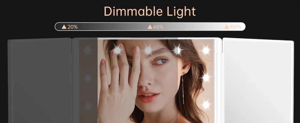 FASCINATE Trifold Vanity Mirror with Lights, Lighted Makeup Mirror 2X/3X Magnification, 21 LED Touch Dimming, Dual Power 90 Rotation Lit Beauty Table Mirror, Make up Mirror with Lighting (White) - dimmable makeup mirror