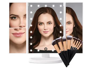 FASCINATE Trifold Vanity Mirror with Lights, Lighted Makeup Mirror 2X/3X Magnification, 21 LED Touch Dimming, Dual Power 90 Rotation Lit Beauty Table Mirror, Make up Mirror with Lighting (White) - makeup mirror with brush set