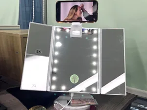 FASCINATE Trifold Vanity Mirror with Lights, Lighted Makeup Mirror 2X/3X Magnification, 21 LED Touch Dimming, Dual Power 90 Rotation Lit Beauty Table Mirror, Make up Mirror with Lighting (White) - makeup mirror with lights and phone holder