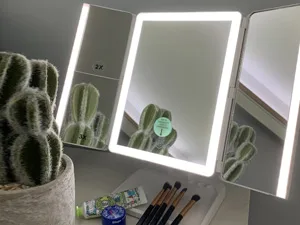 FASCINATE Trifold Vanity Mirror with Lights, Lighted Makeup Mirror 2X/3X Magnification, 21 LED Touch Dimming, Dual Power 90 Rotation Lit Beauty Table Mirror, Make up Mirror with Lighting (White) - rechargeable lighted makeup mirror