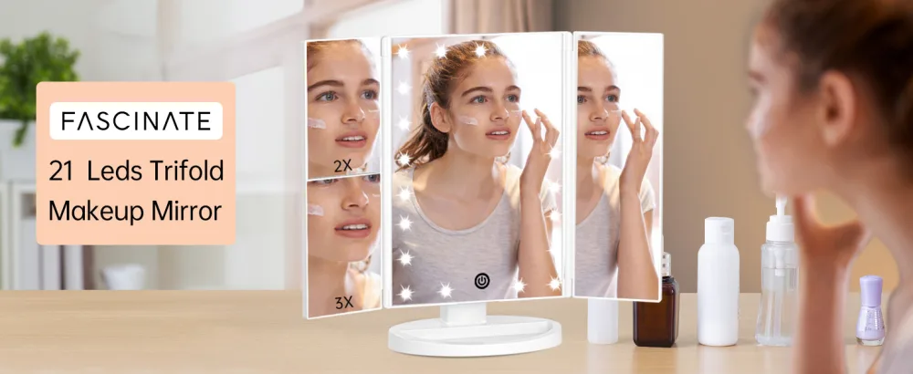 FASCINATE Trifold Vanity Mirror with Lights, Lighted Makeup Mirror 2X/3X Magnification, 21 LED Touch Dimming, Dual Power 90 Rotation Lit Beauty Table Mirror, Make up Mirror with Lighting (White) - Trifold makeup mirror with lights