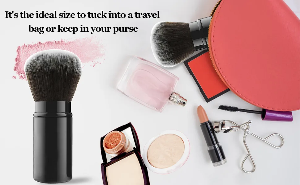 Falliny Retractable Kabuki Makeup Brushes, Travel Face Blush Brush, Portable Powder Brush with Cover for Blush, Bronzer, Buffing, Highlighter Flawless Powder Cosmetics Black Small - Travel Friendly and Perfect for On The Go