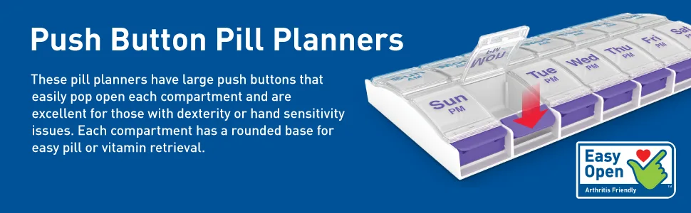 Ezy Dose Weekly (7-Day) Pill Organizer, Vitamin and Medicine Box, 2X-Large Push Button Compartments, 4 Times a Day, Clear Lids 2X-Large (Pack of 1) - Push Button Pill Planners