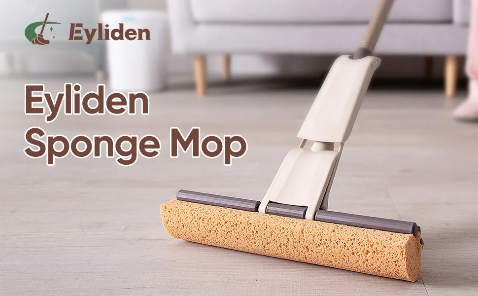 Eyliden Sponge Mop for Floor Cleaning with 2pcs Absorbent Sponge Hands Free Wash Roller Mops for Kitchen Bathroom Office Hardwood Laminate Tile Marble Ceramic Floors Brown - Absorbent Sponge Mop for Floor Cleaning