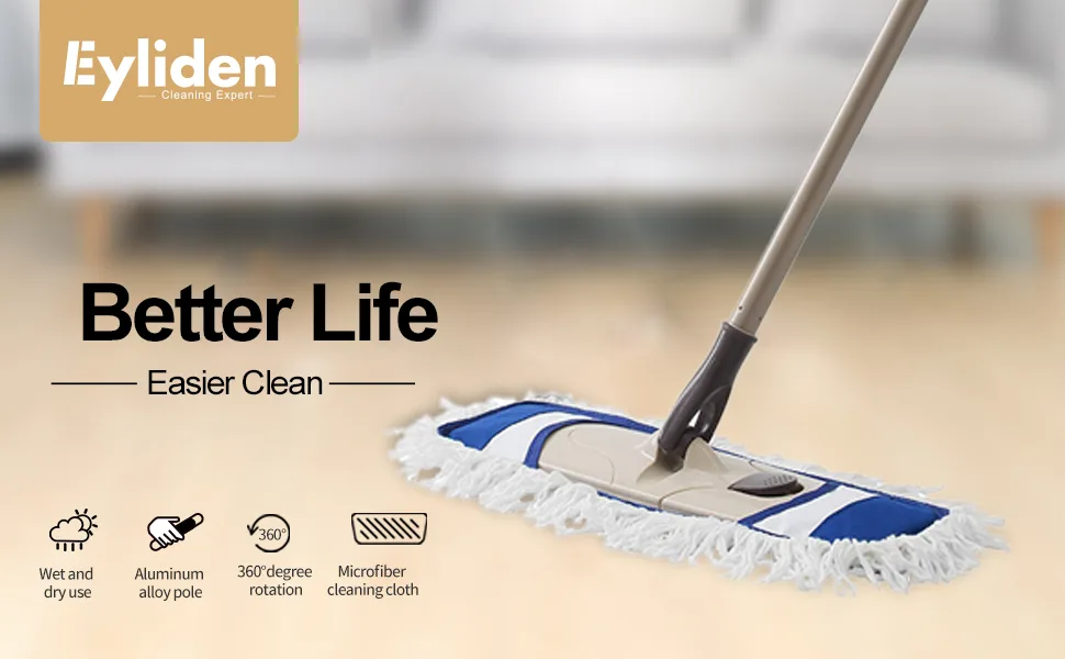 Eyliden Dust Mop with 2 Reusable Washable Pads - One Touch Replacement, Height Adjustable Handle, Wet & Dry Mops for Floor Cleaning, Hardwood, Laminate, Tile Flooring Push Dust Broom (Blue) - Eyliden Dust Mop