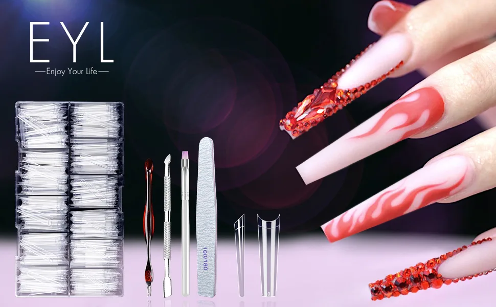 Extra Long Coffin Nail Tips, Clear Acrylic Nail Tips 550 Pcs Half Cover Artificial False Nails for Salons and DIY Nail Art with Box (9 Sizes) XL half cover - nail tips for acrylic nails