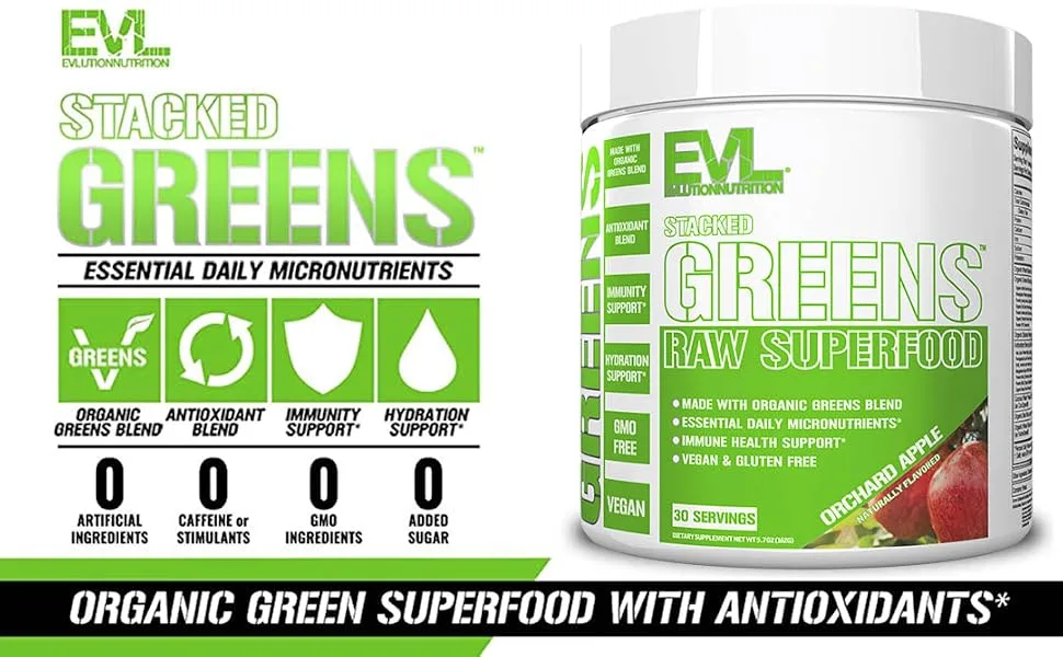 Evlution Nutrition Stacked Greens Raw Superfood, Vegan, Gluten-Free, 30 Servings (Orchard Apple V2) - greens