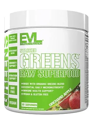 Evlution Nutrition Stacked Greens Raw Superfood, Vegan, Gluten-Free, 30 Servings (Orchard Apple V2) - greens