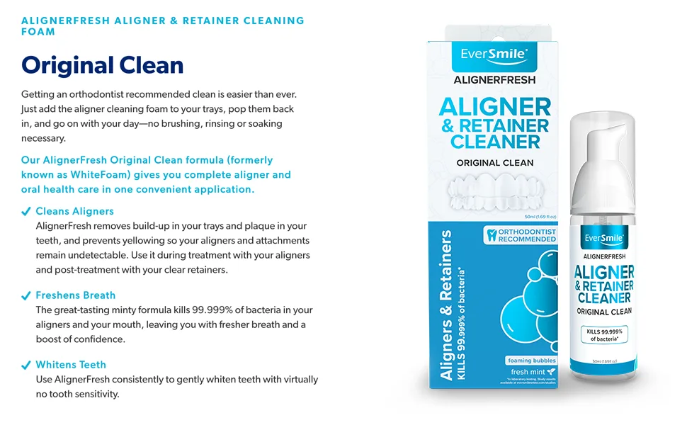 EverSmile AlignerFresh Original Clean - AlignerFresh Cleaning Foam for Invisalign, ClearCorrect, Essix, Hawley Trays/Aligners. Cleans, Kills Bacteria, Whitens Teeth & Fights Bad Breath - ORIGINAL CLEAN