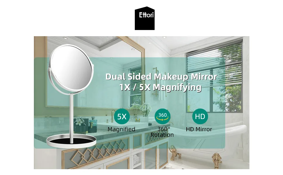 Ettori Makeup Mirror Dual Sided Vanity Mirror, 1X and 5X Magnification, 360 Swivel Round Mirror, No Light, White - makeup mirror