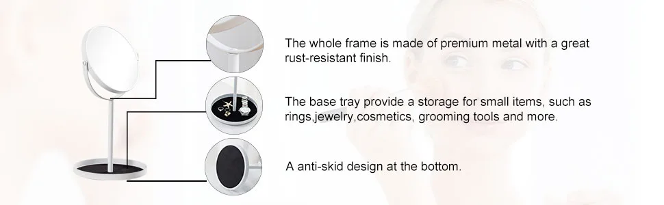 Ettori Makeup Mirror Dual Sided Vanity Mirror, 1X and 5X Magnification, 360 Swivel Round Mirror, No Light, White - makeup mirror