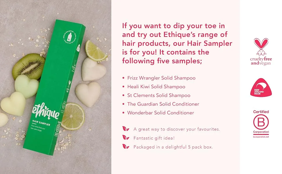 Ethique Hair Sampler Solid Shampoo & Conditioner Set - All Hair Types - 3 Shampoo Bars, 2 Conditioner Bars - plastic free shampoo, bottleless shampoo, waste free shampoo, beauty bar, plastic free beauty bar