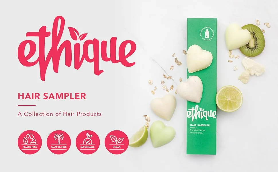 Ethique Hair Sampler Solid Shampoo & Conditioner Set - All Hair Types - 3 Shampoo Bars, 2 Conditioner Bars - shampoo bar, conditioner bar, solid shampoo, normal hair, oily hair, compostable, plastic free,vegan