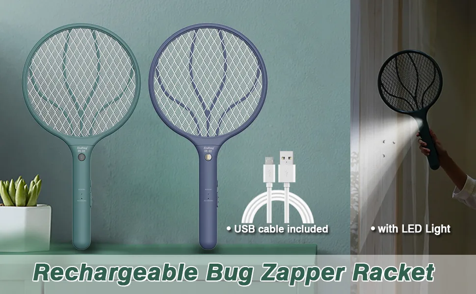 Endbug Rechargeable Fly Swatter Racket Handheld Bug Zapper with LED Light, USB Charging Electric Mosquito, Fly Insect Killer Indoor Outdoor (Navy Blue) 1 Blue - rechargeable bug zapper