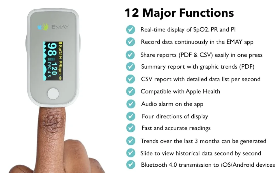 EMAY Bluetooth Pulse Oximeter Fingertip | Blood Oxygen Saturation & Heart Rate Monitor | Compatible with iOS & Android Smartphones - product information 8