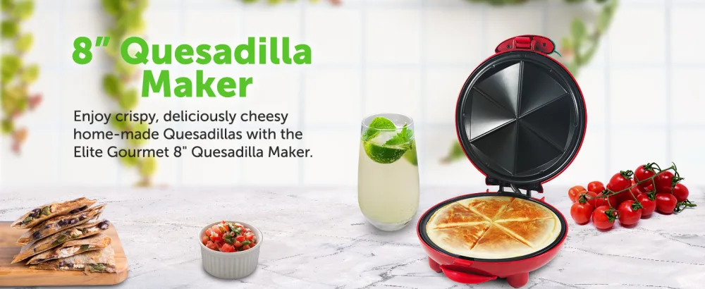 Elite Gourmet EQD413# Non-Stick Electric, Mexican Taco Tuesday Quesadilla Maker, Easy-Slice 6-Wedge, Grilled Cheese, 8 Inch, Red 8" - banner1