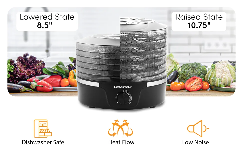 Elite Gourmet EFD319 Food Dehydrator, 5 BPA-Free 11.4" Trays Adjustable Temperature Controls, Jerky, Herbs, Fruit, Veggies, Dried Snacks, Black - EFD319