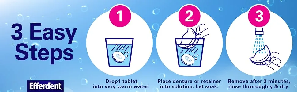 Efferdent Retainer Cleaner & Denture Cleanser Tablets, Overnight Whitening, 90 Tablets 90 Count (Pack of 1) Denture Cleanser Tablets - 3 Easy Steps 1 Drop tablet into water. 2 place denture into solution. Let soak. 3 Remove