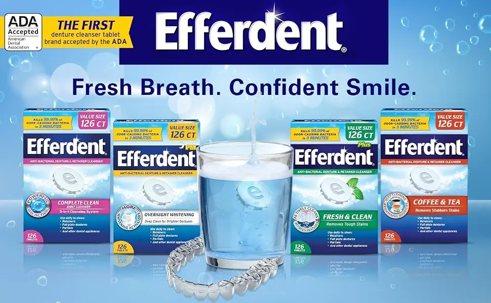Efferdent Retainer Cleaner & Denture Cleanser Tablets, Fresh & Clean, Minty Fresh, 90 Tablets 90 Count (Pack of 1) Denture Cleanser Tablets - Efferdent Fresh Breath. Confident Smile