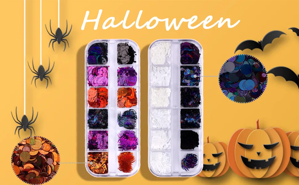 EBANKU 2 Boxes Halloween Nail Art Glitter Sequins, Pumpkin Witch Spider Bat Holographic Confetti Glitter for Acrylic Nails Design Halloween Party Decor - product information 1