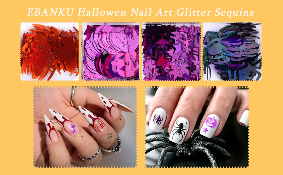 EBANKU 2 Boxes Halloween Nail Art Glitter Sequins, Pumpkin Witch Spider Bat Holographic Confetti Glitter for Acrylic Nails Design Halloween Party Decor - product information 2