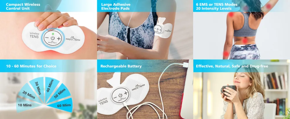 EasyHome Rechargeable Compact Wireless TENS Unit - 510K Cleared, FSA Eligible Electric EMS Muscle Stimulator Pain Relief Therapy, Portable Pain Management Device EHE015 - Wireless TENS Unit Pulse Stimulator Massager