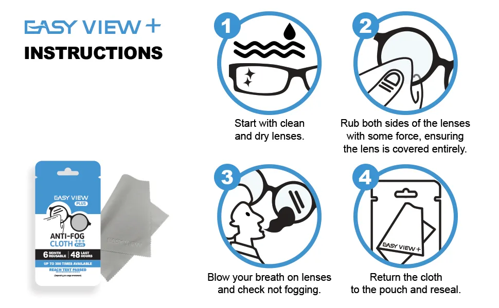 EASY VIEW+ Anti-Fog Microfiber Cloth- For Glasses Goggles Motorcycle Helmet Camera Lens - instructions